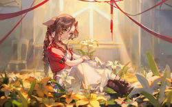 Rule 34 | 1girl, aerith gainsborough, arm on knee, belt, boots, bow, braid, braided ponytail, breasts, brown hair, church, ciloranko, commentary, cropped jacket, crossed legs, dress, final fantasy, final fantasy vii, flower, green eyes, hair ribbon, highres, holding, holding flower, jacket, knees up, long hair, pink bow, ribbon, short sleeves, sitting, solo, square enix, white dress