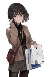 Rule 34 | 1girl, bag, belt, belt buckle, black hair, black pantyhose, black sweater, brown bag, brown belt, brown eyes, brown jacket, buckle, buttons, carrying bag, closed mouth, commentary, english commentary, expressionless, grey skirt, hand up, highres, holding, holding bag, jacket, jewelry, long sleeves, looking at viewer, necklace, open clothes, open jacket, original, pantyhose, short hair, simple background, skirt, sleeves past wrists, solo, sugai (4ugaii), sweater, turtleneck, turtleneck sweater, unbuttoned, white background, zipper pull tab