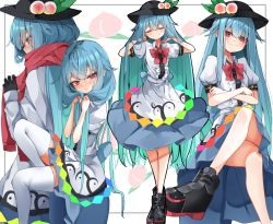 Rule 34 | 1girl, absurdres, black footwear, black headwear, blue hair, blush, boots, bow, closed eyes, food, fruit, hat, highres, hinanawi tenshi, holding, holding own hair, leaf, long hair, looking at viewer, multiple views, peach, puffy short sleeves, puffy sleeves, red bow, red eyes, red neckwear, short sleeves, sitting, skirt, smile, thighhighs, touhou, tsune (tune), very long hair, white thighhighs