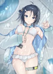 Rule 34 | 1girl, absurdres, ahoge, arknights, armpits, ball, bare shoulders, beachball, bikini, black hair, blue eyes, blue jacket, blush, breasts, cleavage, cowboy shot, feather hair, frilled bikini, frills, from above, goggles, goggles around neck, hair bun, highres, id card, innertube, jacket, la pluma (arknights), la pluma (summer flowers) (arknights), long sleeves, lying, medium breasts, nanatsuka, navel, off shoulder, official alternate costume, on back, on floor, open clothes, open jacket, parted lips, short hair, signature, single hair bun, single side bun, sleeves past wrists, solo, stomach, swim ring, swimsuit, thigh gap, thigh strap, white headwear