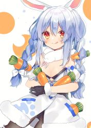 Rule 34 | 1girl, :q, absurdres, animal ear fluff, animal ears, bad id, bad pixiv id, bare shoulders, black bra, black gloves, black leotard, black pantyhose, blue hair, bow, bra, braid, breasts, carrot, carrot hair ornament, cleavage, detached sleeves, don-chan (usada pekora), dress, eyes visible through hair, food-themed hair ornament, fur trim, gloves, hair between eyes, hair bow, hair ornament, highres, holding, hololive, leotard, long hair, looking at viewer, multicolored hair, noi mine, orange eyes, pantyhose, puffy short sleeves, puffy sleeves, rabbit ears, rabbit girl, short sleeves, simple background, small breasts, solo, star (symbol), starry background, thick eyebrows, tongue, tongue out, twin braids, twintails, two-tone hair, underwear, usada pekora, usada pekora (1st costume), virtual youtuber, white background, white bow, white dress, white hair
