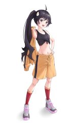 Rule 34 | 1girl, :d, absurdres, ahoge, araragi karen, bare arms, black eyes, black hair, black shirt, black tank top, breasts, collarbone, egg hair ornament, food-themed hair ornament, full body, groin, hair ornament, hand on own hip, highres, holding, holding clothes, holding jacket, jacket, kinrucy, long hair, midriff, monogatari (series), navel, nisemonogatari, open mouth, red socks, shirt, shoes, shorts, side ponytail, simple background, sleeveless, sleeveless shirt, small breasts, smile, sneakers, socks, solo, standing, stomach, tank top, tied shirt, unworn jacket, very long hair, white background, white shorts, yellow jacket