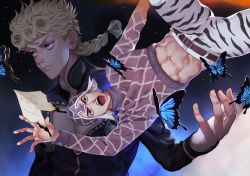 Rule 34 | 2boys, abs, animal print, argyle, argyle clothes, argyle sweater, blonde hair, braid, bug, butterfly, crop top, falling, giorno giovanna, green eyes, guido mista, hat, highres, insect, inset, jojo no kimyou na bouken, male focus, midriff, multiple boys, open mouth, paper, samuraisamurai, shouting, sweater, tiger print, turtleneck, vento aureo