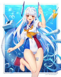 Rule 34 | 1girl, :d, anchor, bare arms, blue sailor collar, blush, brown eyes, chain, character name, commentary request, covered navel, crop top, crop top overhang, french flag swimsuit, hand up, highres, innertube, ji dao ji, le fantasque (warship girls r), leg up, long hair, looking at viewer, machinery, neckerchief, one-piece swimsuit, open mouth, orange neckerchief, sailor collar, sailor shirt, shirt, short sleeves, smile, solo, swim ring, swimsuit, thighs, torpedo, turret, underwater, very long hair, warship girls r, white hair, white shirt