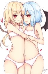Rule 34 | 2girls, :d, bad id, bad pixiv id, bat wings, black wings, blonde hair, blue hair, bra, closed mouth, collarbone, commentary request, cowboy shot, fang, fang out, flandre scarlet, flat chest, heart, highres, hug, incest, maremay0513, multiple girls, navel, one side up, open mouth, panties, red eyes, remilia scarlet, short hair, siblings, sideways mouth, signature, sisters, smile, standing, stomach, thighs, touhou, underwear, underwear only, white bra, white panties, wings, yuri