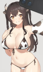 Rule 34 | 1girl, absurdres, animal ears, animal print, ao (aokisora ao), bikini, black hair, blush, breasts, cellphone, cleavage, cow ears, cow horns, cow print, elbow gloves, front-tie bikini top, front-tie top, gloves, grey background, grin, highres, holding, holding phone, horns, large breasts, long hair, navel, original, phone, selfie, side-tie bikini bottom, simple background, single elbow glove, skindentation, smartphone, smile, solo, stomach, swimsuit, teeth, two side up, yellow eyes