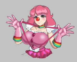 Rule 34 | 1girl, absurdres, ace attorney, alternate breast size, artist request, bow, breasts, brown eyes, choker, clown, clown girl, clown nose, colored eyelashes, dress, dress bow, frilled dress, frills, geiru toneido, gloves, highres, huge breasts, large breasts, lip biting, lipstick, looking at viewer, makeup, medium hair, phoenix wright: ace attorney - spirit of justice, pink dress, pink gloves, pink hair, shoulder pads, smirk, solo, standing, suspenders gap, suspenders pull, wavy hair