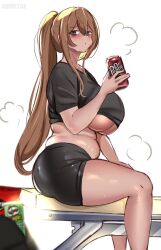 Rule 34 | 1girl, arm support, artist name, bags under eyes, blurry, blurry foreground, blush, breasts, brown hair, can, closed mouth, doritos, dot mouth, dr pepper, drink, feet out of frame, from side, furrowed brow, green eyes, hair between eyes, highres, holding, holding can, huge breasts, long hair, looking at viewer, looking to the side, neet girl (noiretox), noiretox, original, plump, ponytail, pringles, pringles can, puff of air, shirt, short sleeves, shorts, sidelocks, simple background, sitting, solo, straddling, sweat, t-shirt, thick thighs, thighs, underboob