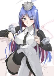 Rule 34 | 1girl, black eyes, black legwear, black necktie, blue hair, breasts, closed mouth, crossed legs, detached sleeves, headgear, highres, holding, kantai collection, large breasts, long hair, multicolored hair, necktie, one eye closed, red hair, simple background, sketch, solo, south dakota (kancolle), star (symbol), white background, white hair, zekkyon