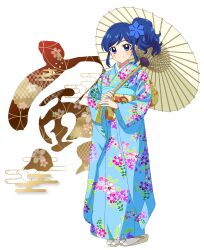 Rule 34 | 1girl, aikatsu!, aikatsu! (series), blue eyes, blue hair, blue kimono, chinese zodiac, closed mouth, commentary request, egasumi, furisode, hair ornament, highres, holding, holding umbrella, japanese clothes, kanji, kimono, kiriya aoi, kousuke0912, long sleeves, looking at viewer, medium hair, new year, obi, oil-paper umbrella, print kimono, sandals, sash, side ponytail, smile, socks, solo, standing, swept bangs, tabi, umbrella, white footwear, white socks, yagasuri, year of the tiger, zouri