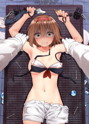 Rule 34 | 10s, 1boy, 1girl, admiral (kancolle), arm grab, armpits, bikini, bikini top only, black bikini, brown eyes, brown hair, chain, clothes in front, constricted pupils, convenient censoring, cotton swab, drain (object), front-tie top, gloves, hair between eyes, hair ornament, hairband, hairpin, highres, imminent rape, jack dempa, kantai collection, lying, midriff, military, military uniform, naval uniform, navel, nude, on back, pov, saliva, scared, scarf, shiratsuyu (kancolle), short shorts, shorts, snot, sweat, swimsuit, tears, uniform, water, white gloves, white scarf, white shorts, wide-eyed