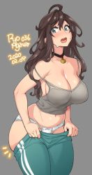 Rule 34 | 1girl, agawa ryou, artist name, bare shoulders, belly, breasts, brown hair, cleavage, clothes pull, collar, commentary, curvy, dated, grey background, grey eyes, jewelry, large breasts, long hair, looking at viewer, navel, open mouth, original, panties, pants, pants pull, pendant, signature, simple background, solo, sweat, thick thighs, thighs, underwear, undressing, white panties, wide hips