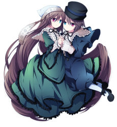 Rule 34 | 00s, black ribbon, bonnet, brown hair, dress, expressionless, frills, green dress, holding hands, hat, heterochromia, long hair, looking at viewer, pantyhose, ribbon, rozen maiden, rozen maiden traumend, siblings, sisters, soranagi, souseiseki, suiseiseki, top hat, very long hair