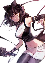 Rule 34 | 1girl, asymmetrical sleeves, bad id, bad twitter id, bare shoulders, black hair, blake belladonna, bow, breasts, commentary request, ecru, gambol shroud, hair bow, korean commentary, medium breasts, navel, pantyhose, rwby, sleeveless, solo, twitter username, uneven sleeves, yellow eyes