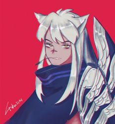 Rule 34 | 1boy, animal ears, armor, cosplay, dog ears, gllmj, grey hair, inuyasha, inuyasha (character), leaf, league of legends, long hair, male focus, parted lips, pauldrons, red background, scar, scar on face, scar on nose, scratches, shoulder armor, signature, simple background, solo, teeth, upper body, yasuo (league of legends), yellow eyes