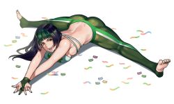 Rule 34 | 1girl, alternate color, alternate hair color, alternate hairstyle, ass, black nails, blunt bangs, candy, capcom, commission, food, full body, green legwear, green nails, gummy bear, gummy worm, hair down, han juri, hanny (uirusu chan), highres, looking at viewer, midriff, nail polish, open mouth, player 2, shadow, smile, solo, split, street fighter, street fighter v, toeless legwear, toenail polish, toenails, white background