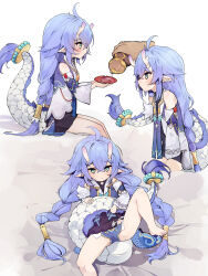 Rule 34 | 1girl, 1other, ahoge, bailu (honkai: star rail), bare legs, bare shoulders, barefoot, black skirt, blue hair, blue panties, braid, commentary, crossed bangs, cup, detached sleeves, disembodied hand, dragon girl, dragon horns, dragon tail, feet, flat chest, foot out of frame, gourd, green eyes, hair tubes, highres, holding own tail, honkai: star rail, honkai (series), horns, knee up, legs, long hair, lying, miniskirt, multiple views, navel, on back, panties, pkpkpppk, pointy ears, pouring, sakazuki, shirt, sitting, skirt, sleeveless, sleeveless shirt, spread legs, tail, thighs, toes, twin braids, twintails, underwear, very long hair