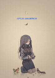 Rule 34 | 1girl, absurdres, aged down, american goldfinch, angelia (girls&#039; frontline), black dress, black hair, blood, blueblossom, brown eyes, bullet, collared shirt, commentary, dead animal, dress, english commentary, english text, falling leaves, full body, girls&#039; frontline, highres, holding, holding bullet, kneeling, leaf, long hair, long sleeves, neckerchief, red neckerchief, shirt, simple background, solo, white footwear, white shirt
