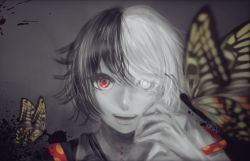 Rule 34 | 1boy, bad id, bad pixiv id, black hair, bug, butterfly, grey background, hand up, heterochromia, insect, kan (mi), looking at viewer, male focus, multicolored hair, open mouth, pale skin, red eyes, stitches, suzuya juuzou, tokyo ghoul, tokyo ghoul:re, two-tone hair, white eyes, white hair, yellow butterfly