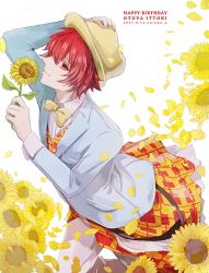 Rule 34 | 1boy, blue jacket, bow, bowtie, character name, clothes around waist, collared shirt, cowboy shot, dated, fedora, flower, hair between eyes, hand on headwear, happy birthday, hat, holding, holding flower, ittoki otoya, jacket, looking at viewer, male focus, pants, patterned clothing, pelee, petals, red eyes, red hair, shirt, short hair, sideways glance, smile, solo, suit jacket, sunflower, traditional bowtie, twitter username, uta no prince-sama, vest, white pants, white shirt, yellow bow, yellow bowtie, yellow hat, yellow vest