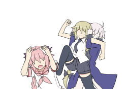 Rule 34 | 1boy, 2girls, ahoge, astolfo (fate), astolfo (sailor paladin) (fate), black bow, black legwear, blonde hair, bow, casual, clenched hands, cowering, fate/apocrypha, fate/grand order, fate (series), grey hair, hair bow, jeanne d&#039;arc (fate), jeanne d&#039;arc (girl from orleans) (fate), jeanne d&#039;arc (ruler) (fate), jeanne d&#039;arc alter (fate), jeanne d&#039;arc alter (ver. shinjuku 1999) (fate), kenuu (kenny), long hair, multiple girls, necktie, no eyes, official alternate costume, open mouth, pink hair, restrained, shirt, short sleeves, shorts, sleeveless, sleeveless shirt, sweat, thighhighs, trap, white background, white shirt