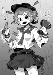Rule 34 | 1girl, 4shi, arrow (projectile), bitten, blood, blood on face, burnt clothes, chalice, commentary request, cowboy shot, cup, dango-chan (4shi), double bun, greyscale, hair between eyes, hair bun, hat, highres, holding, holding cup, hollow eyes, indiana jones (series), long sleeves, looking at viewer, monochrome, necktie, open mouth, original, school uniform, serafuku, shirt, short hair, skirt, solo, translation request