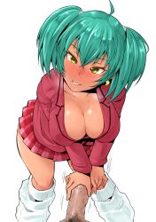 Rule 34 | 1girl, arms under breasts, ass, breasts, cleavage, dark-skinned female, dark skin, erection, feet out of frame, foreshortening, green eyes, green hair, haiboku, heavy breathing, hetero, highres, huge ass, ikkitousen, jacket, large breasts, long hair, looking at another, looking at viewer, male masturbation, masturbation, motion lines, naughty face, navel, nipples, no bra, open clothes, penis, ryofu housen, school uniform, serafuku, shiny skin, simple background, skirt, smile, socks, steaming body, sweat, sweatdrop, torn clothes, torn sleeves, twintails, unworn skirt, v-shaped eyebrows, white background, wide hips