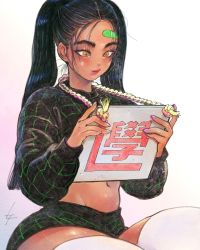 Rule 34 | 1girl, bandaid, bandaid on face, bandaid on forehead, black hair, blush, crop top, highres, holding, holding sign, lips, little thunder, long hair, long sleeves, looking down, midriff, nail polish, navel, orange eyes, original, parted bangs, print shirt, print shorts, purple nails, shirt, shorts, sign, sign around neck, sitting, solo, sweater, thick thighs, thighhighs, thighs, twintails, white thighhighs, wide hips