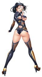 Rule 34 | 00s, 1girl, :d, armor, ass, back, black footwear, black hair, black leotard, black thighhighs, blush, boots, breasts, clenched hand, closed eyes, covered erect nipples, earrings, facial mark, facing viewer, fingernails, fishnets, forehead mark, foreshortening, full body, fuuma tokiko, gloves, glowing, hair over shoulder, head tilt, high heel boots, high heels, high ponytail, highleg, highleg leotard, highres, hoop earrings, jewelry, kagami hirotaka, kneepits, large breasts, legs apart, leotard, lilith-soft, long fingernails, long hair, long legs, long sleeves, looking back, magic, ninja, official art, open mouth, outstretched arms, partially fingerless gloves, pointing, pointing at viewer, shiny clothes, shiny skin, sideboob, simple background, skin tight, smile, solo, spread arms, standing, taimanin (series), taimanin asagi, taimanin asagi kessen arena, thigh boots, thighhighs, thighs, turtleneck, twisted torso, underboob, white background