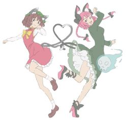 Rule 34 | 2girls, animal ear fluff, animal ears, bad id, bad twitter id, black bow, black ribbon, bow, braid, brown eyes, brown footwear, brown hair, cat ears, cat tail, chen, chinese clothes, dress, fang, fangs, friends, frills, ghost, green dress, green headwear, heart, high heels, hitodama, holding, holding with tail, kaenbyou rin, leg ribbon, looking at viewer, multiple girls, multiple tails, necktie, open mouth, paw pose, prehensile tail, red dress, red eyes, red footwear, red hair, ribbon, short hair, skull, slit pupils, smile, tail, touhou, twin braids, two tails, white background, yellow bow