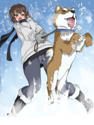 Rule 34 | &gt; &lt;, 10s, 1girl, animal, black footwear, black pantyhose, black scarf, black skirt, boots, casual, collar, crotch seam, dog, pet walking, female focus, full body, fur-trimmed boots, fur trim, gemu555, girls und panzer, gloves, grey gloves, grey sweater, jumping, leash, long sleeves, looking at another, miniskirt, name tag, nishizumi maho, open mouth, panties, panties under pantyhose, pantyhose, pantyshot, pencil skirt, pulling, ribbed sweater, scarf, shiba inu, short hair, skirt, snow, standing, sweater, translated, underwear, upskirt, winter clothes
