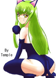 Rule 34 | 00s, 1girl, :&lt;, animal ears, animal hands, ass, bare shoulders, blue thighhighs, boots, c.c., cat ears, cat girl, cat tail, code geass, elbow gloves, facial mark, female focus, from behind, gloves, green hair, high heels, kittysuit, leotard, long hair, looking at viewer, looking back, nontraditional playboy bunny, partially visible vulva, paw pose, shoes, simple background, solo, spread legs, squatting, strapless, tail, temple (artist), thigh boots, thighhighs, tiptoes, whisker markings, white background, yellow eyes
