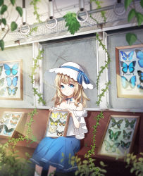 Rule 34 | 1girl, absurdres, ametama (runarunaruta5656), bare shoulders, blonde hair, blue butterfly, blue choker, blue eyes, blue skirt, bug, butterfly, choker, closed mouth, feet out of frame, frilled sleeves, frills, hat, hat ribbon, highres, insect, light blush, long skirt, looking at viewer, medium hair, off-shoulder shirt, off shoulder, original, ribbon, ribbon choker, ruins, shirt, short sleeves, sitting, skirt, smile, solo, train, white hair, white shirt, wide sleeves, yellow butterfly