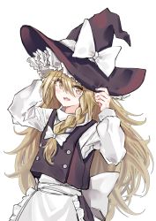 Rule 34 | 1girl, :d, adjusting clothes, adjusting headwear, apron, back bow, black hat, black skirt, black vest, blonde hair, blush, bow, braid, commentary, cowboy shot, fingernails, hair between eyes, hand in own hair, hand up, hat, hat bow, highres, kirisame marisa, long hair, long sleeves, looking at viewer, open mouth, sarasadou dan, shirt, simple background, single braid, skirt, sleeve cuffs, smile, solo, teeth, tongue, touhou, turtleneck, upper teeth only, very long hair, vest, waist apron, white apron, white background, white bow, white shirt, witch hat, yellow eyes