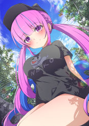Rule 34 | 1girl, baseball cap, black hat, black shirt, blue hair, blue sky, blunt bangs, braid, breasts, casual, closed mouth, cloud, colored inner hair, drill hair, from below, fumi (fumibeing), hat, hololive, large breasts, long hair, looking at viewer, minato aqua, multicolored hair, neko (minato aqua), outdoors, pink eyes, pink hair, shirt, short sleeves, sidelocks, sky, smile, solo, streaked hair, thighs, twin drills, twintails, two-tone hair, virtual youtuber