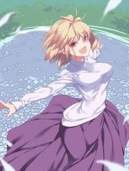 Rule 34 | 1girl, ahoge, antenna hair, arcueid brunestud, auru t, blonde hair, breasts, commentary request, flower, full body, grass, hair between eyes, hair intakes, highres, long skirt, looking at viewer, medium breasts, open mouth, outstretched arms, petals, purple skirt, red eyes, short hair, sidelocks, skirt, solo, spread arms, sweater, tsukihime, turtleneck, turtleneck sweater, white sweater