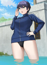 Rule 34 | 1girl, breasts, commentary request, competition swimsuit, hand on own hip, hashi, jacket, long bangs, medium breasts, no pants, one-piece swimsuit, open mouth, original, partially submerged, scenery, short hair, solo, swimsuit, swimsuit under clothes, thighs, track jacket, track suit, translation request