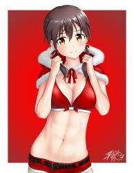 Rule 34 | 1girl, absurdres, bikini, bikini shorts, blush, border, bow, bow bikini, breasts, brown eyes, brown hair, christmas, cleavage, closed mouth, collarbone, gertrud barkhorn, hair between eyes, hair bow, hair ornament, head tilt, highres, large breasts, looking at viewer, navel, outside border, red background, red bikini, red border, red shorts, satukiookami, shiny skin, short twintails, shorts, simple background, smile, solo, strike witches, swimsuit, twintails, upper body, world witches series