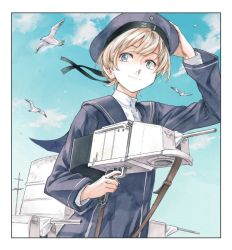 Rule 34 | 1girl, bird, blue eyes, blue sky, clothes writing, dress, from below, hat, hiro (chumo), holding, holding turret, kantai collection, looking to the side, machinery, sailor collar, sailor dress, sailor hat, short hair, silver hair, sky, smile, solo, turret, upper body, z1 leberecht maass (kancolle)