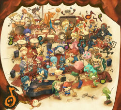 Rule 34 | !, 00s, 4girls, 6+boys, accordion, band, baseball cap, black hair, blonde hair, blue hair, bongo drums, bongos, bowser, bracer, brown hair, cape, captain falcon, captain olimar, chair, charizard, child, closed eyes, conga drums, creatures (company), crown, diddy kong, donkey kong, donkey kong (series), donkey kong country, drum, drum set, electric guitar, everyone, f-zero, falco lombardi, family computer robot, fire emblem, fire emblem: mystery of the emblem, fire emblem: path of radiance, flute, fox mccloud, furry, game &amp; watch, game freak, ganondorf, gen 1 pokemon, gen 4 pokemon, goggles, goggles on headwear, grand piano, guitar, hat, helmet, holding, ice climber, ice climbers, ike (fire emblem), instrument, ivysaur, jigglypuff, keytar, kid icarus, king dedede, kirby, kirby (series), link, lucario, lucas (mother 3), luigi, marimba, mario, mario (series), marth (fire emblem), meta knight, metal gear (series), metroid, metroid: zero mission, monkey, mother (game), mother 2, mother 3, mr. game &amp; watch, multiple boys, multiple girls, music, musical note, nana (ice climber), ness (mother 2), nintendo, ocarina, olimar, orchestra, piano, pikachu, pikmin (creature), pikmin (series), pit (kid icarus), playing instrument, pokemon, pokemon (creature), pokemon frlg, popo (ice climber), princess peach, princess zelda, red (pokemon), red (pokemon frlg), red carpet, red hair, roy (fire emblem), samus aran, shirt, sitting, skin tight, solid snake, sonic (series), sonic the hedgehog, squirtle, star fox, striped clothes, striped shirt, sui (petit comet), super smash bros., the legend of zelda, timpani, toon link, trombone, trumpet, unworn headwear, varia suit, violin, waddle dee, wand, wario, warioware, wolf o&#039;donnell, yoshi, zero suit