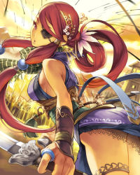 Rule 34 | 1girl, army, arrow (projectile), ass, breasts, bushin renkei zero, character request, comet (teamon), eyepatch, female focus, flower, from behind, hair flower, hair ornament, japanese clothes, jewelry, lips, looking back, ponytail, rain of arrows, red eyes, red hair, ring, sideboob, sword, tower, weapon, xiahou dun