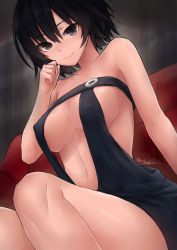 Rule 34 | 1girl, amagami, armpit peek, bare arms, bare legs, bare shoulders, black dress, black eyes, black hair, breasts, clenched hand, closed mouth, commentary, commission, couch, covered erect nipples, dress, feet out of frame, hand on own chin, large breasts, legs, looking at viewer, nanasaki ai, navel, neonbeat, on couch, open clothes, open dress, revealing clothes, short hair, signature, sitting, smile, solo, thighs