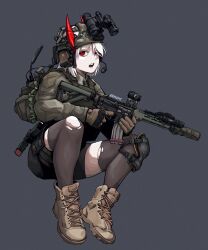 Rule 34 | 1girl, absurdres, ar-15, assault rifle, backpack, bag, boots, bulletproof vest, epakim, gloves, gun, handgun, helmet, highres, holstered, horns, knee pads, m4 carbine, night vision device, open mouth, optical sight, original, pale skin, pantyhose, radio, red eyes, rifle, solo, suppressor, thighhighs, torn clothes, weapon, white hair