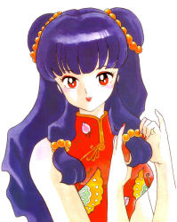 Rule 34 | 1990s (style), 1girl, china dress, chinese clothes, dress, highres, long hair, official art, purple hair, ranma 1/2, red eyes, retro artstyle, shampoo (ranma 1/2), simple background, solo, takahashi rumiko, white background