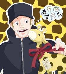 Rule 34 | 1boy, baseball cap, giraffe, hat, highres, kaku (one piece), male focus, one piece, open mouth, simple background, smile, solo, stuffed toy, thought bubble, toy