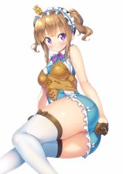 Rule 34 | 10s, 1girl, armor, ass, bare shoulders, blush, brown gloves, brown hair, frown, gloves, half gloves, headdress, heart, heart-shaped pupils, highres, kazuma (kazumav), last period, lisa (last period), looking at viewer, purple eyes, simple background, solo, symbol-shaped pupils, thighhighs, thighs, twintails, white background, white thighhighs