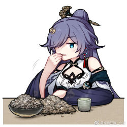 Rule 34 | 1girl, bare shoulders, black hair, blue eyes, bowl, china dress, chinese clothes, closed mouth, cup, diaoxian kuangmo, dress, earrings, fu hua, fu hua (azure empyrea), hair ornament, hair over one eye, honkai (series), honkai impact 3rd, jewelry, long hair, long sleeves, looking at viewer, lowres, off-shoulder dress, off shoulder, ponytail, seed, single earring, solo, sunflower seed, table, tea, teacup, white dress