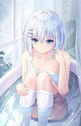 Rule 34 | 1girl, absurdres, ass, bare shoulders, bathing, blue eyes, blush, clothed bath, convenient leg, date a live, dress, expressionless, hair ornament, hairclip, hand on leg, hand up, highres, holding, holding hair, indoors, kneehighs, knees up, legs, legs together, looking at viewer, medium hair, silver hair, sleeveless, sleeveless dress, socks, solo, strap slip, tank top, thighs, tobiichi origami, tobiichi origami (pixiv31950946), wet, wet clothes, wet dress, white dress, white socks, white tank top