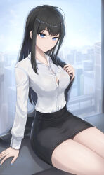 Rule 34 | 1girl, ahoge, bare legs, black bra, black hair, black jacket, black skirt, blue eyes, blue nails, bra, bra peek, cityscape, collared shirt, commentary, english commentary, glass, highres, holding, holding clothes, holding jacket, indoors, jacket, jacket partially removed, long hair, looking at viewer, nail polish, original, pencil skirt, see-through, see-through shirt, shirt, sidelocks, sitting, skirt, skyde kei, solo, twitter username, underwear, wet, wet clothes, wet shirt, white shirt, window