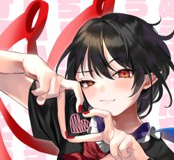 Rule 34 | 1girl, absurdres, asymmetrical wings, black dress, black hair, blue wings, blush, bow, bowtie, dress, hair between eyes, heart, heart hands, highres, holding, houjuu nue, looking at viewer, makita (vector1525), nail polish, pointy ears, red eyes, red nails, red wings, short hair, simple background, smile, snake, solo, touhou, upper body, wings, wristband
